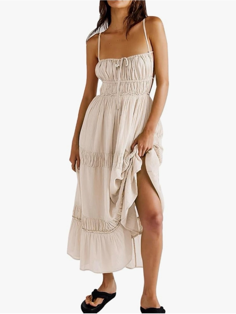 Women’s Cream Smocked Midi Dress with Spaghetti Straps